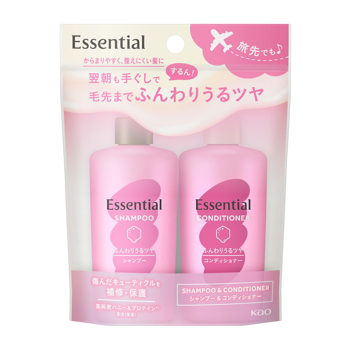 エッセンシャルふんわりうるツヤシャンプー・コンディショナー　90mlミニセット　摘み立ての花果実ふわり広がるフローラルブーケの香り