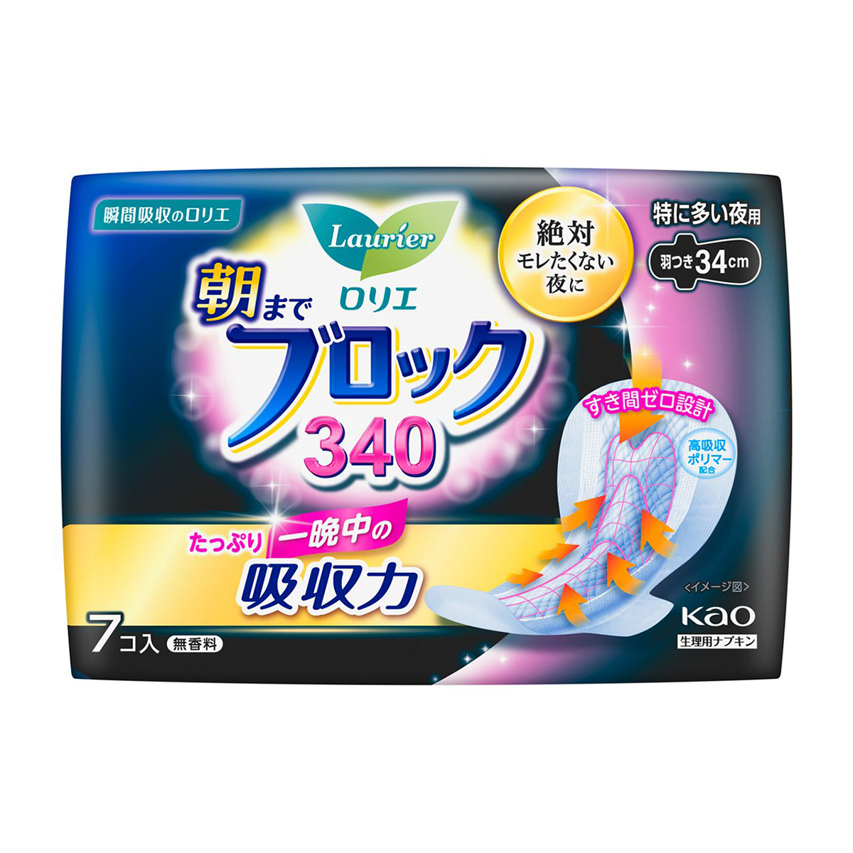 ロリエ　朝までブロック340　無香料　特に多い夜用羽つき34cm　7個入