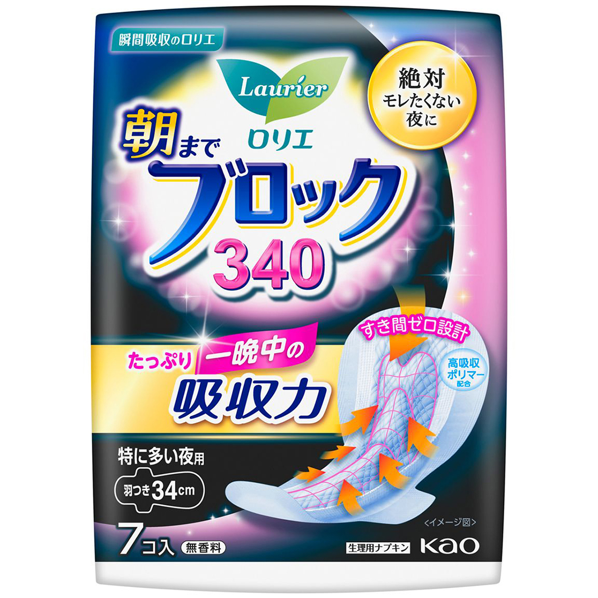 ロリエ　朝までブロック340　無香料　特に多い夜用羽つき34cm　7個入