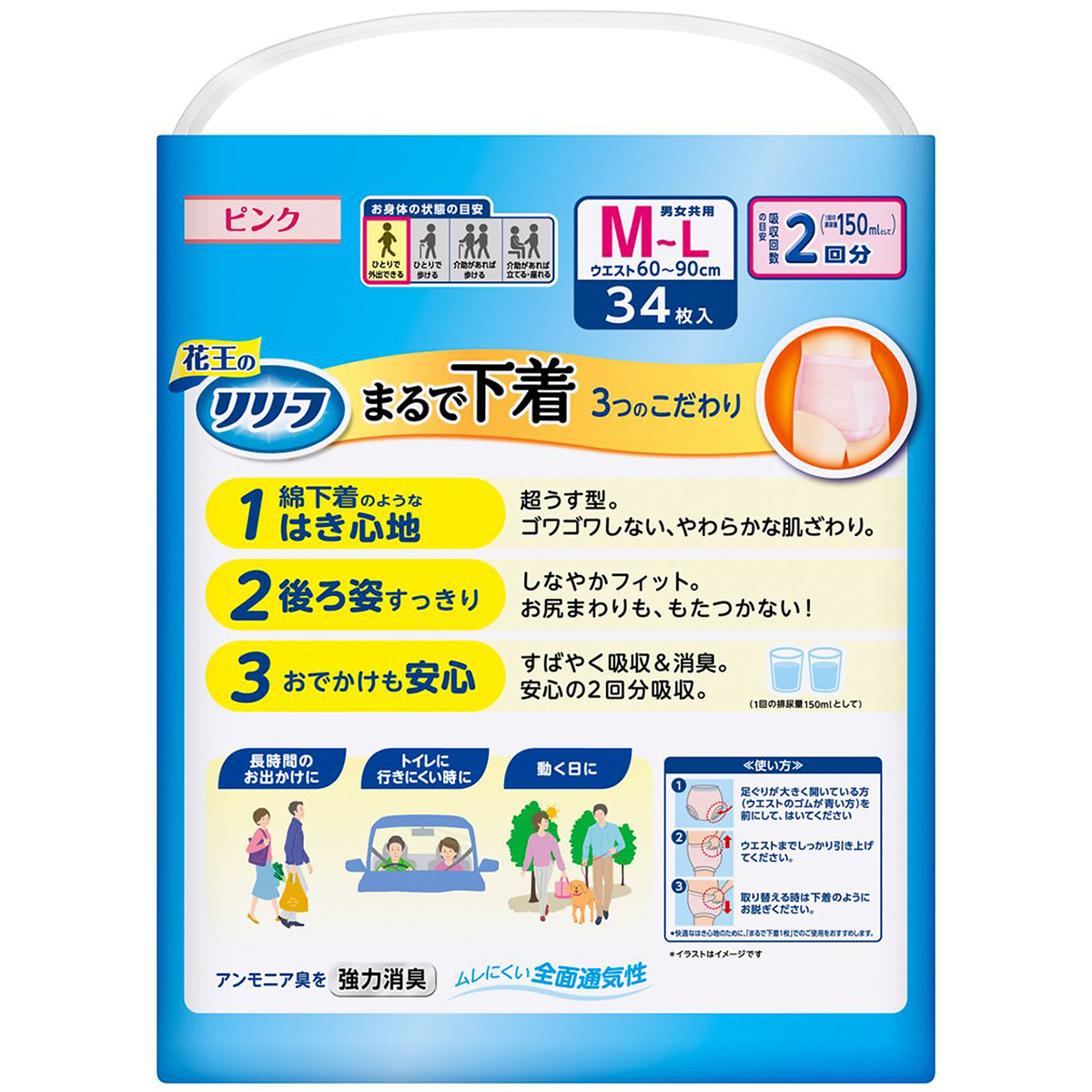 花王のリリーフ　超うすパンツまるで下着　2回分　ピンク　Ｍ－Ｌサイズ　34枚入