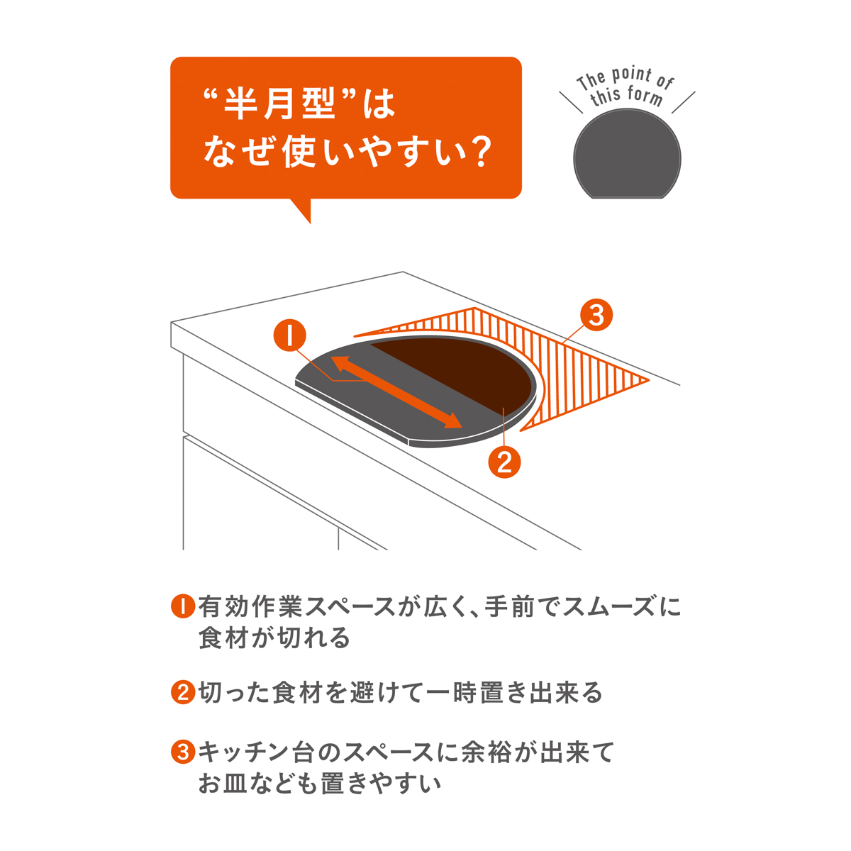 スペースを無駄なく使える半月まな板　ダークグレー