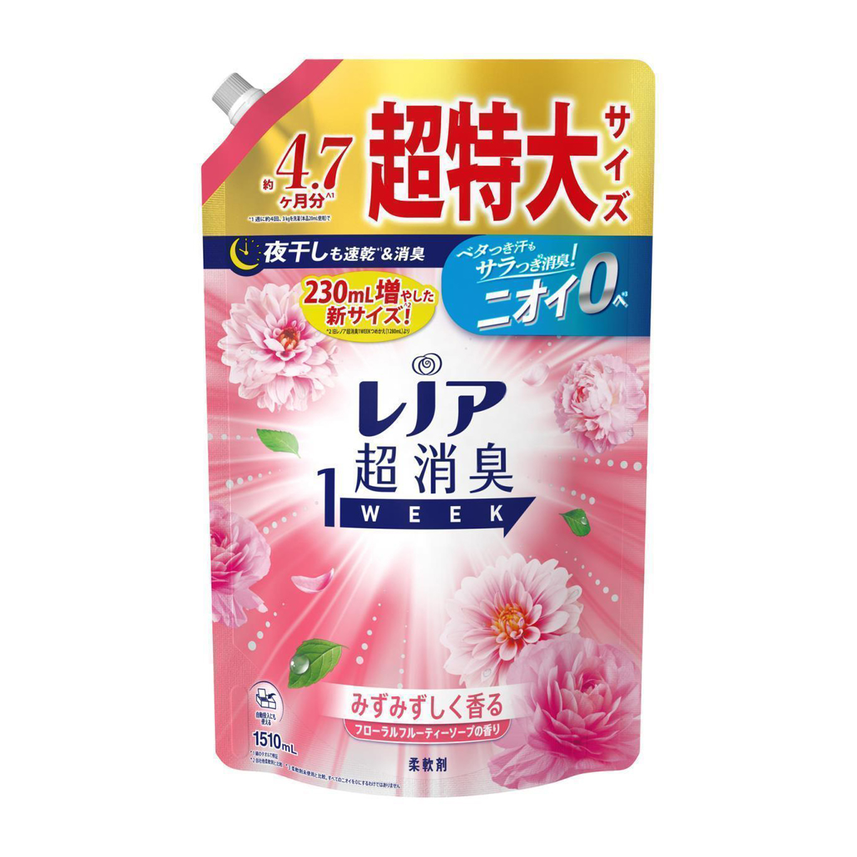 レノア　超消臭１ＷＥＥＫ　柔軟剤　フローラルフルーティーソープ　詰替え　超特大　１５１０ｍｌ