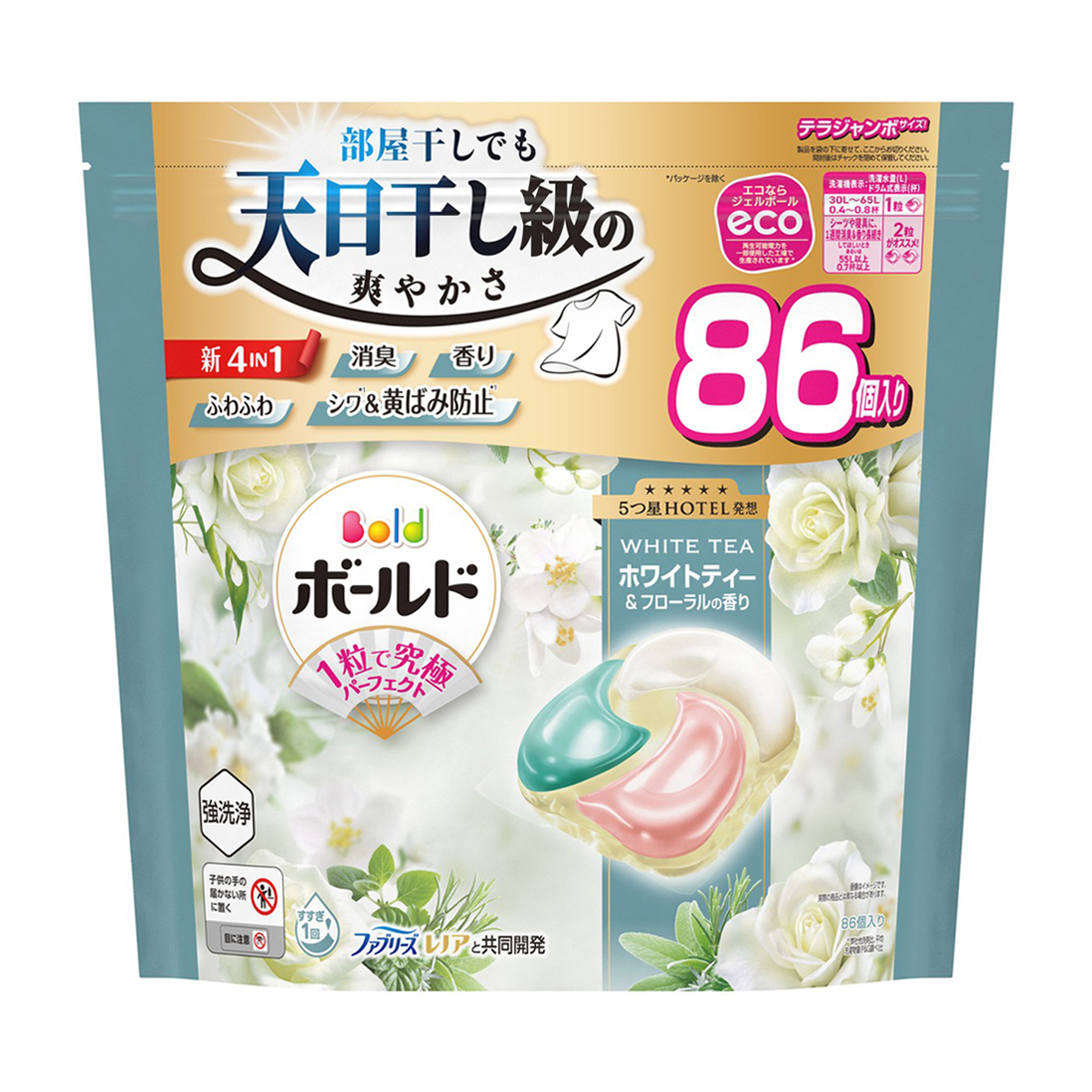 ボールド　洗濯洗剤　ジェルボール　４ｉｎ１　ホワイトティー＆フローラルの香り　詰め替え　テラジャンボ　８６個