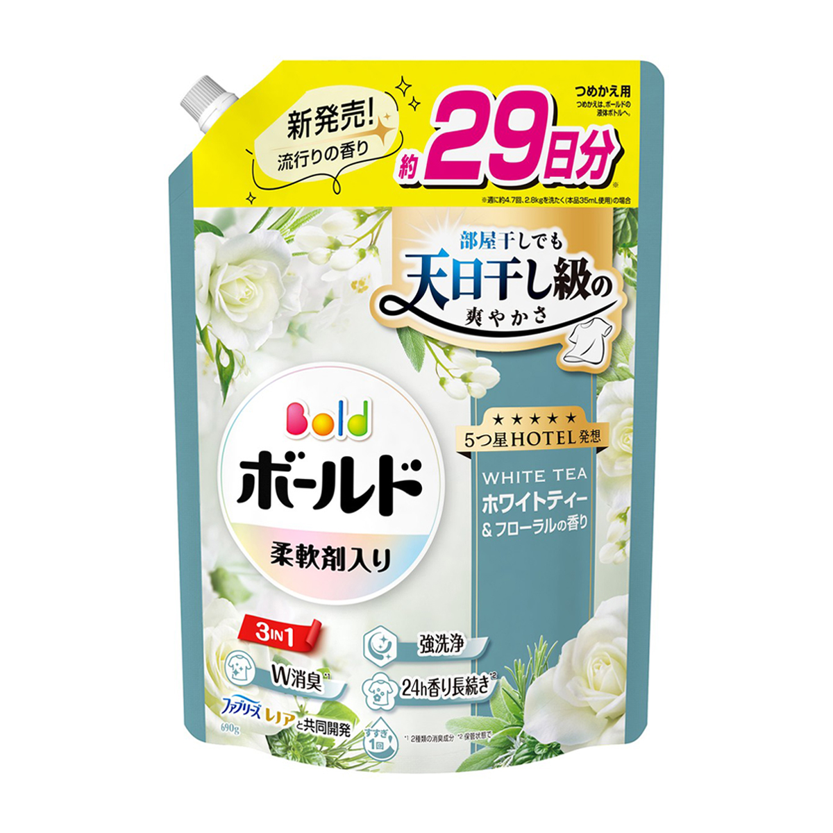 ボールド　柔軟剤入り　洗濯洗剤　液体　ホワイトティー＆フローラルの香り　詰め替え　超特大　６９０ｇ