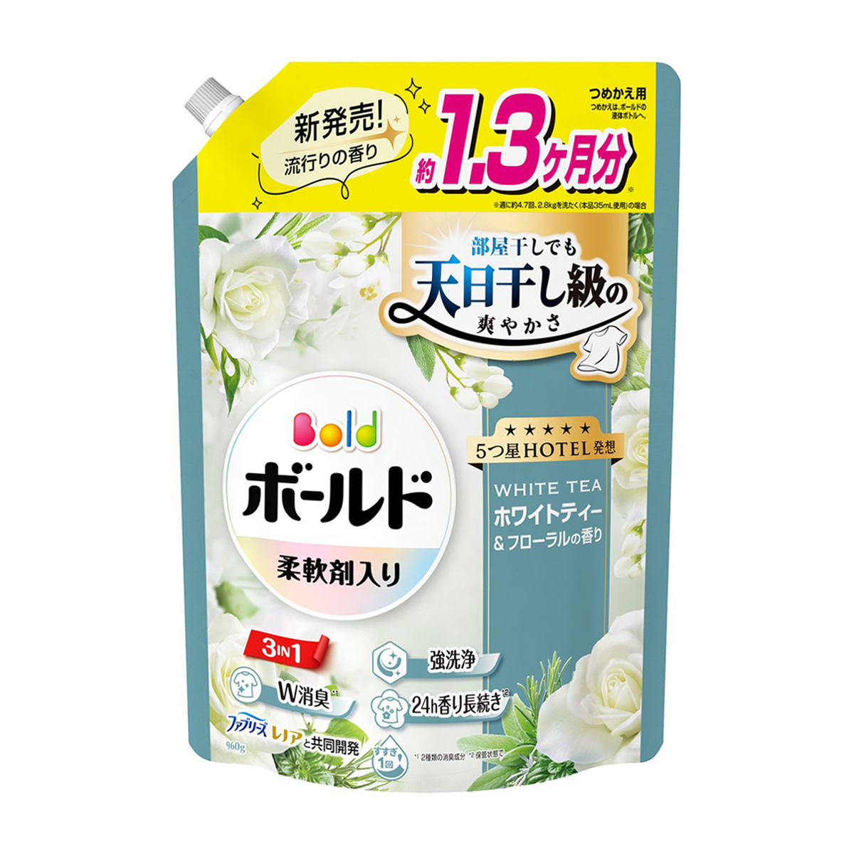 ボールド　柔軟剤入り　洗濯洗剤　液体　ホワイトティー＆フローラルの香り　詰め替え　超ジャンボ　９６０ｇ