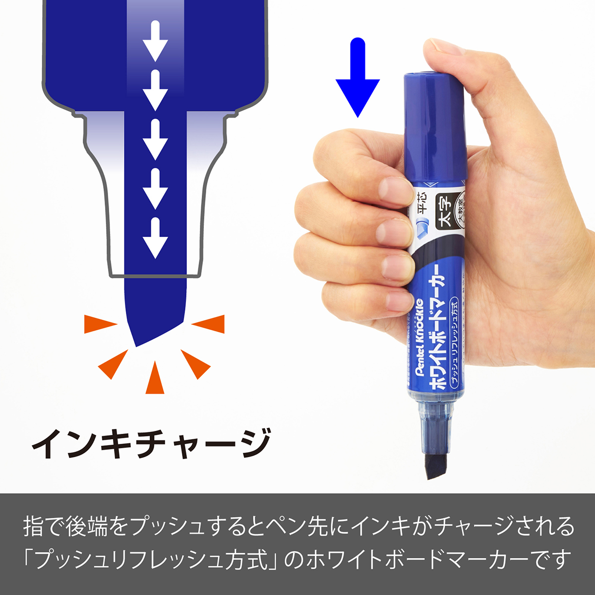 ぺんてる ホワイトボードマーカー ノックル 太字 平芯 直液式 青 EMWL6W-C
