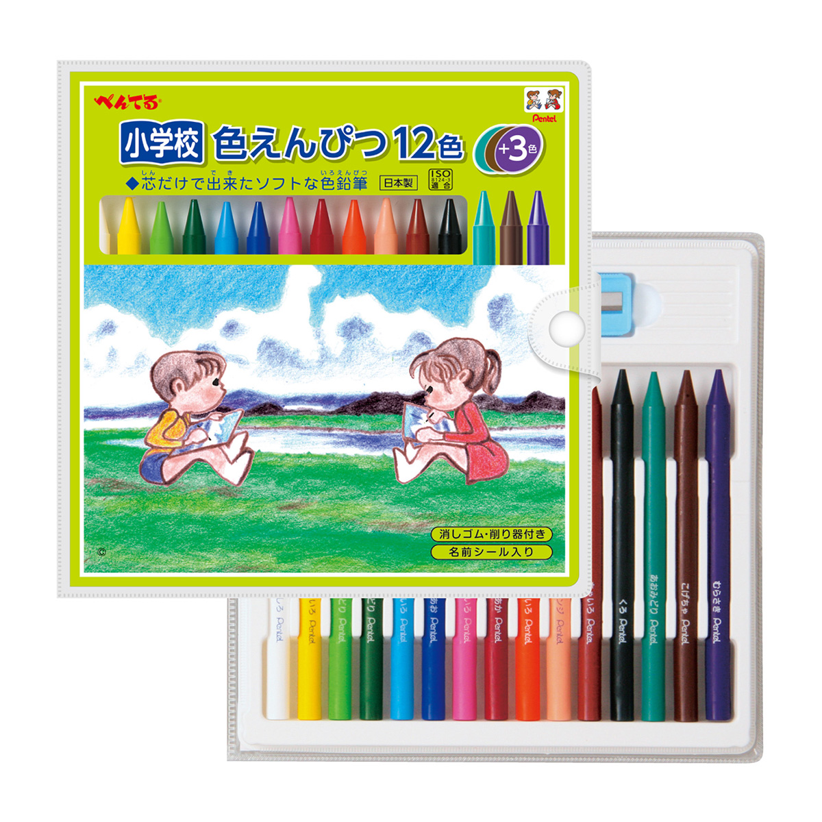 ぺんてる 色鉛筆 小学校色えんぴつ （パスティック） セット 12色 +3色 GCG1-12P3