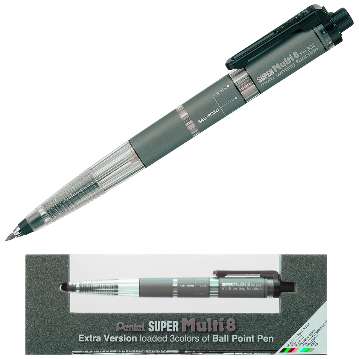 ぺんてる シャープペンシル スーパーマルチ8 ホルダータイプ 芯5種、ボールペン3色 PH803