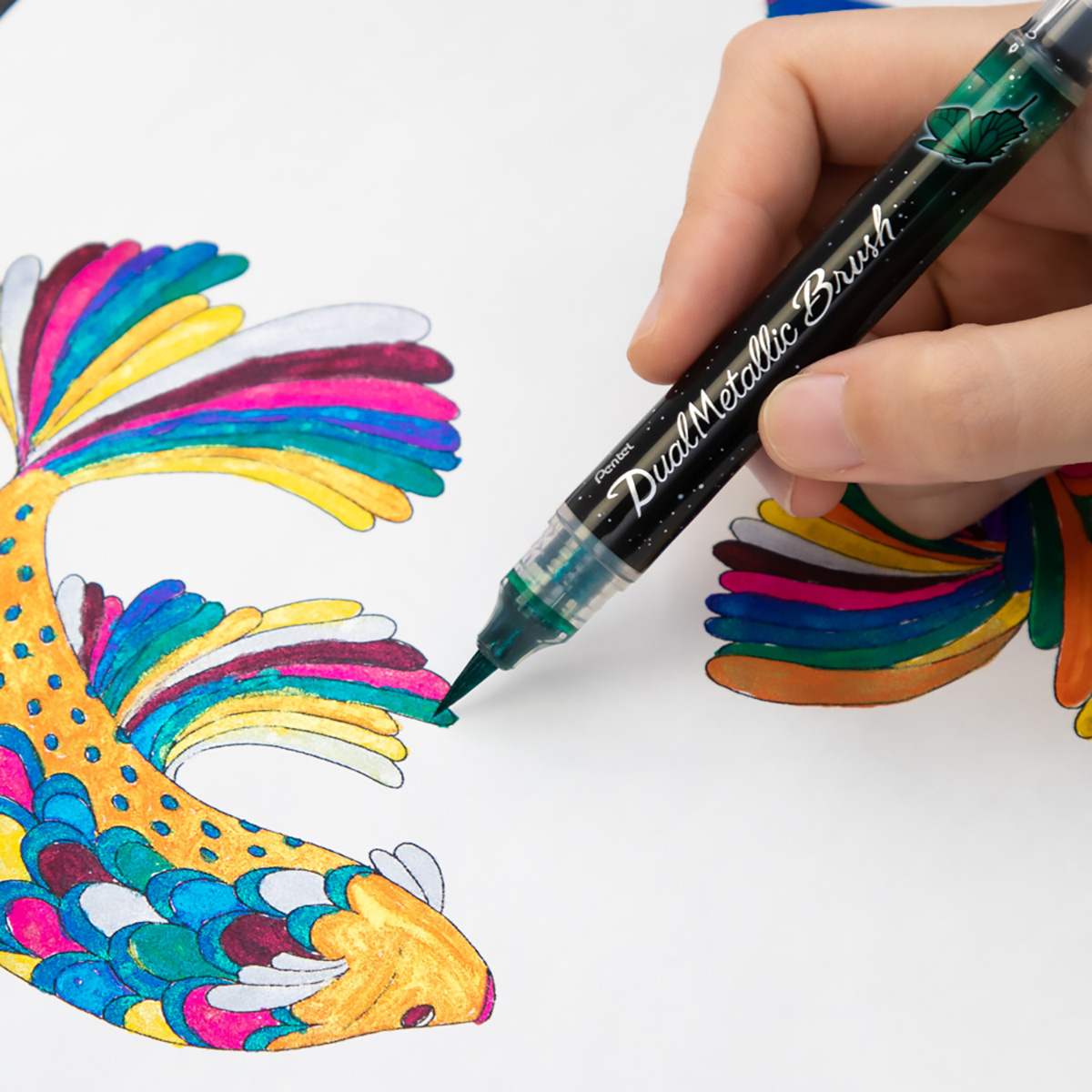 ぺんてる カラー筆ペン デュアルメタリックブラッシュ グリーン＋メタリックブルー XGFH-DD