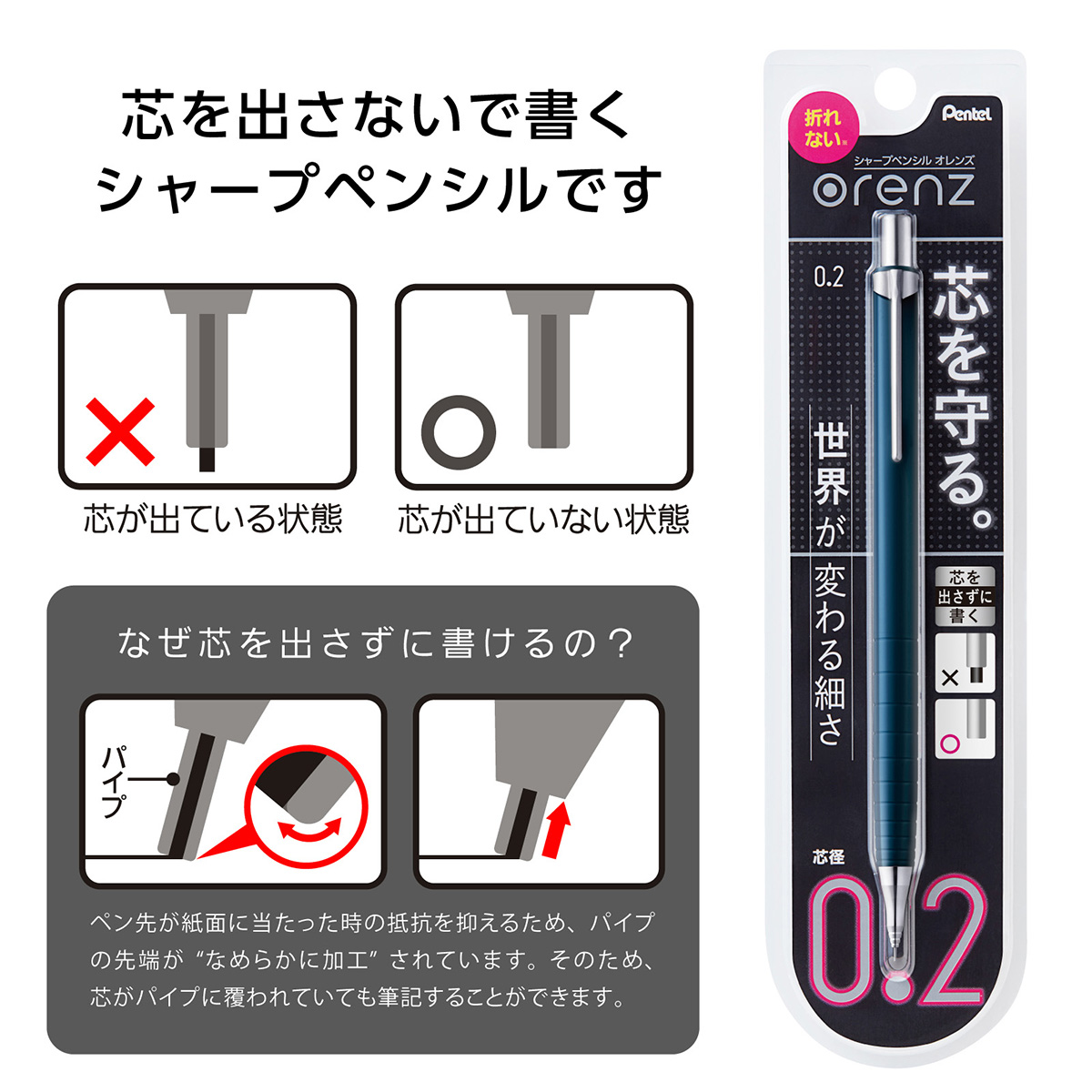 ぺんてる シャープペンシル オレンズ 0.2mm ネイビー軸 XPP502-C2