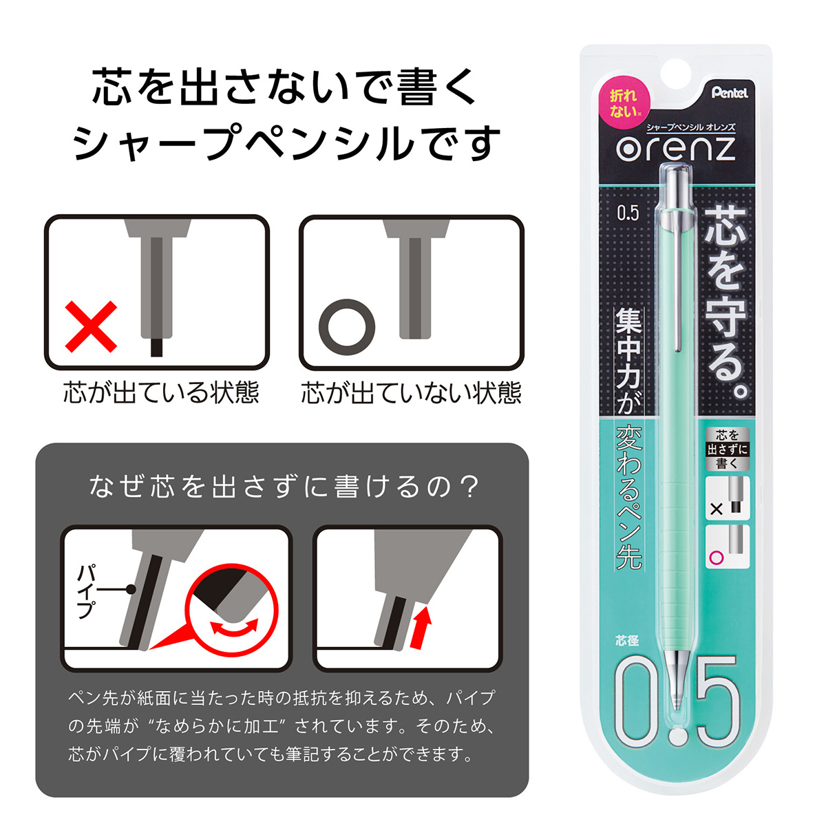 ぺんてる シャープペンシル オレンズ 0.5mm ミントグリーン軸 XPP505-GD
