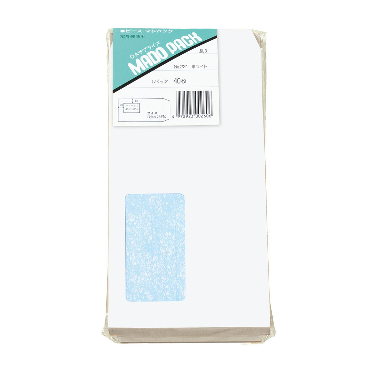 高春堂　窓付封筒　マドパック　長３　ホワイト　４０枚パック