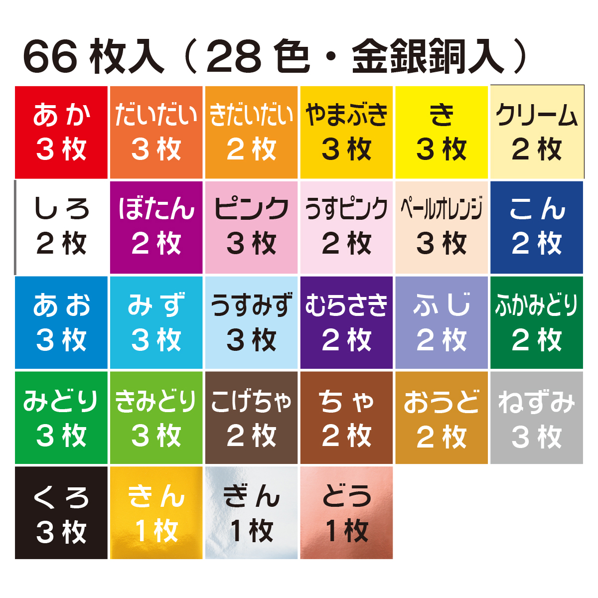トーヨー　教育おりがみ（１５．０）金銀銅入　　６６枚（２８色金銀入）