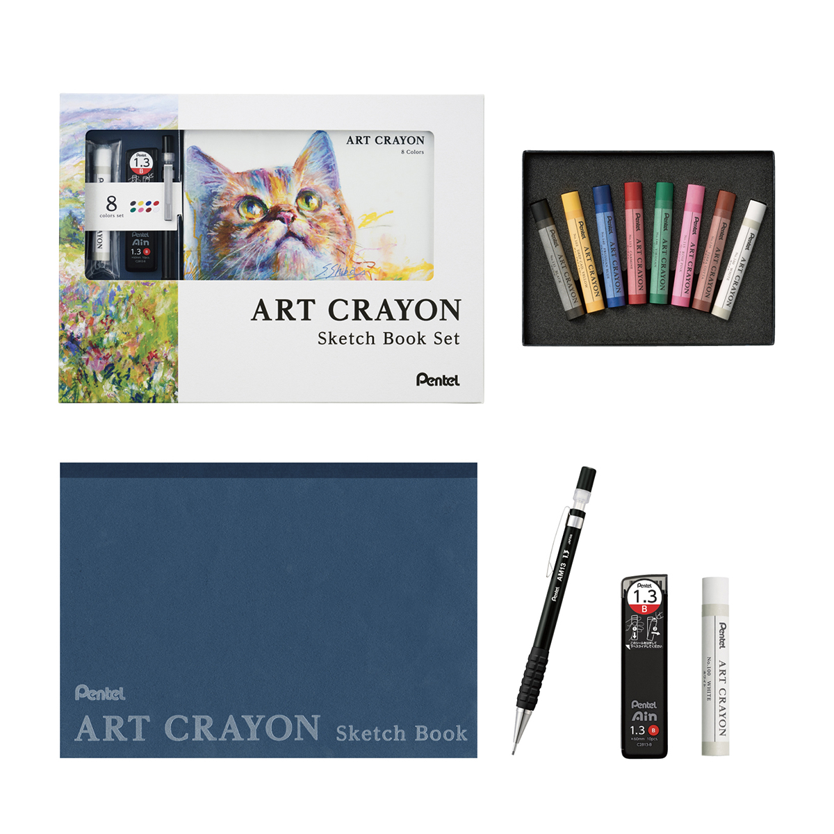 ぺんてる　アートクレヨン　８色　限定スターターキット　スケッチブック／描き方ガイド付き　ＰＴＡＣ－８ＳＴ１