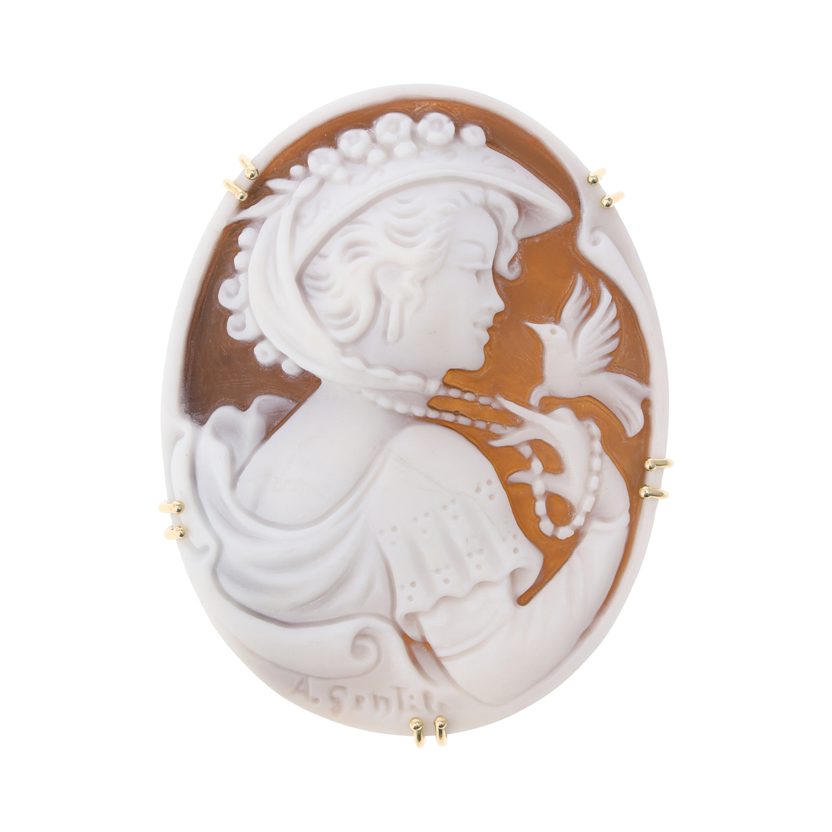 【ベアトリーチェ カメイ】Maestro Aniello Gentile作 K18シェルカメオ ブローチペンダント ”バード＆ハット”