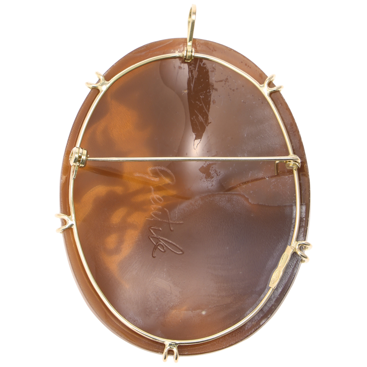 【ベアトリーチェ カメイ】Maestro Aniello Gentile作 K18シェルカメオ ブローチペンダント ”バード＆ハット”