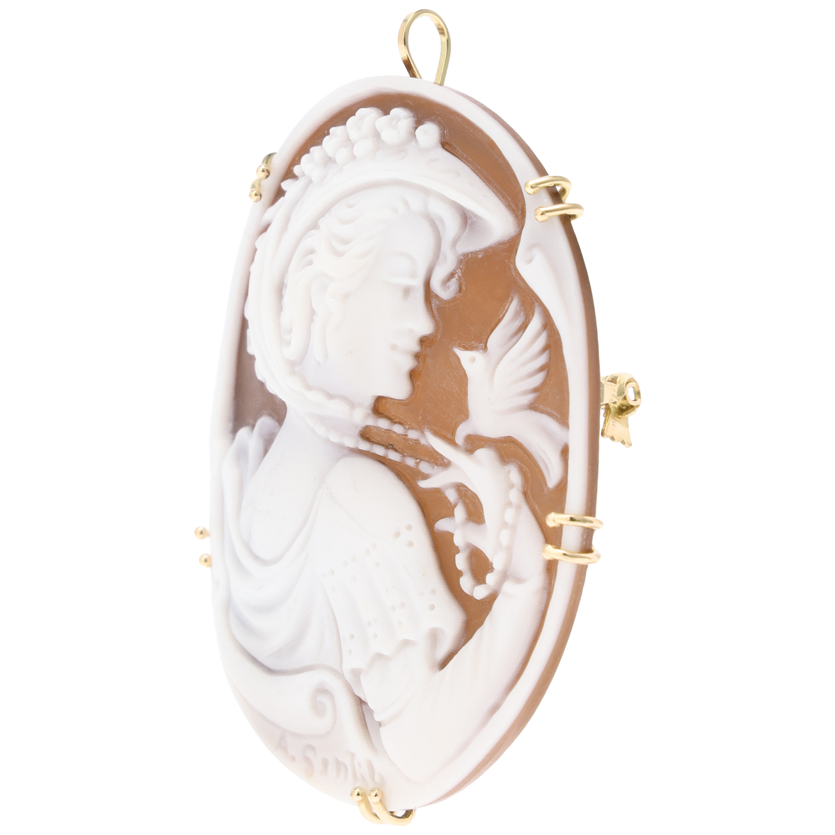 【ベアトリーチェ カメイ】Maestro Aniello Gentile作 K18シェルカメオ ブローチペンダント ”バード＆ハット”