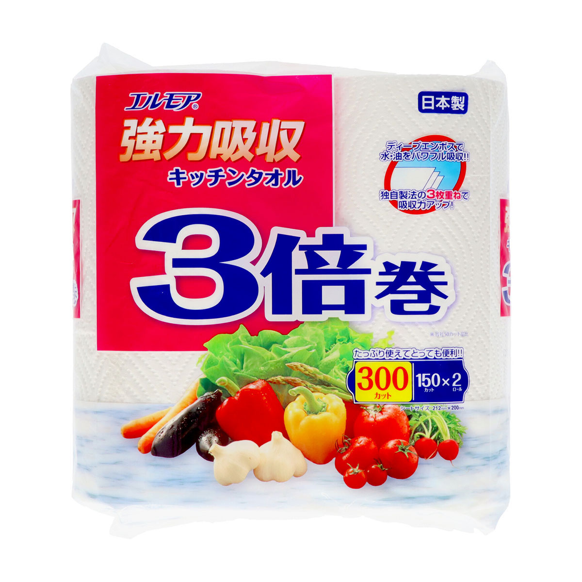 カミ商事　エルモア強力吸収キッチンタオル３枚重ね３倍巻２ロール１５０カット