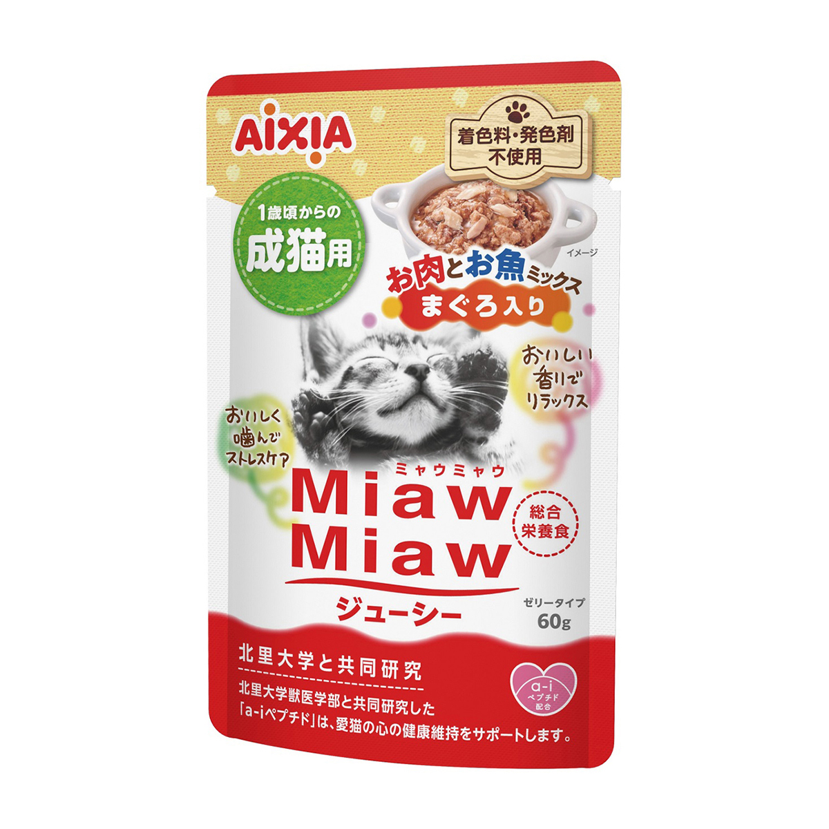 【ペット】ＭｉａｗＭｉａｗジューシー　お肉とお魚ミックス　まぐろ入り　６０ｇ