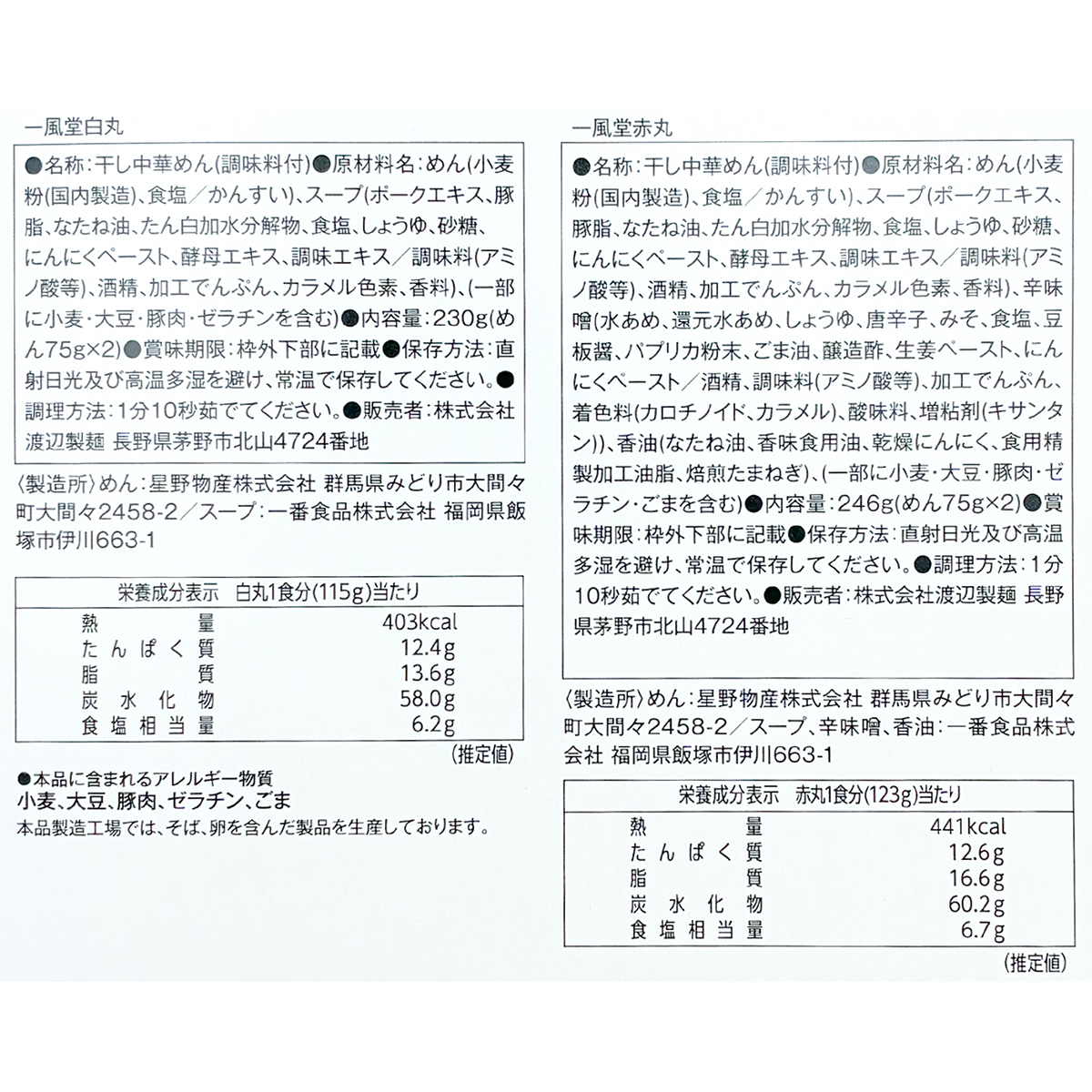 渡辺製麺 一風堂白丸・赤丸(乾麺タイプ)箱4食476g 270130 | かぜとゆき
