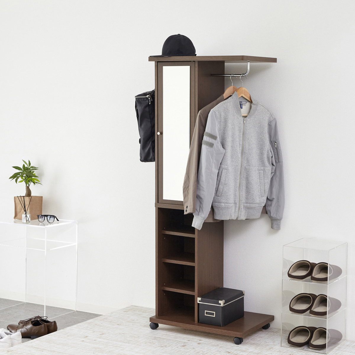 ミラー付ハンガーラック　ブラウン