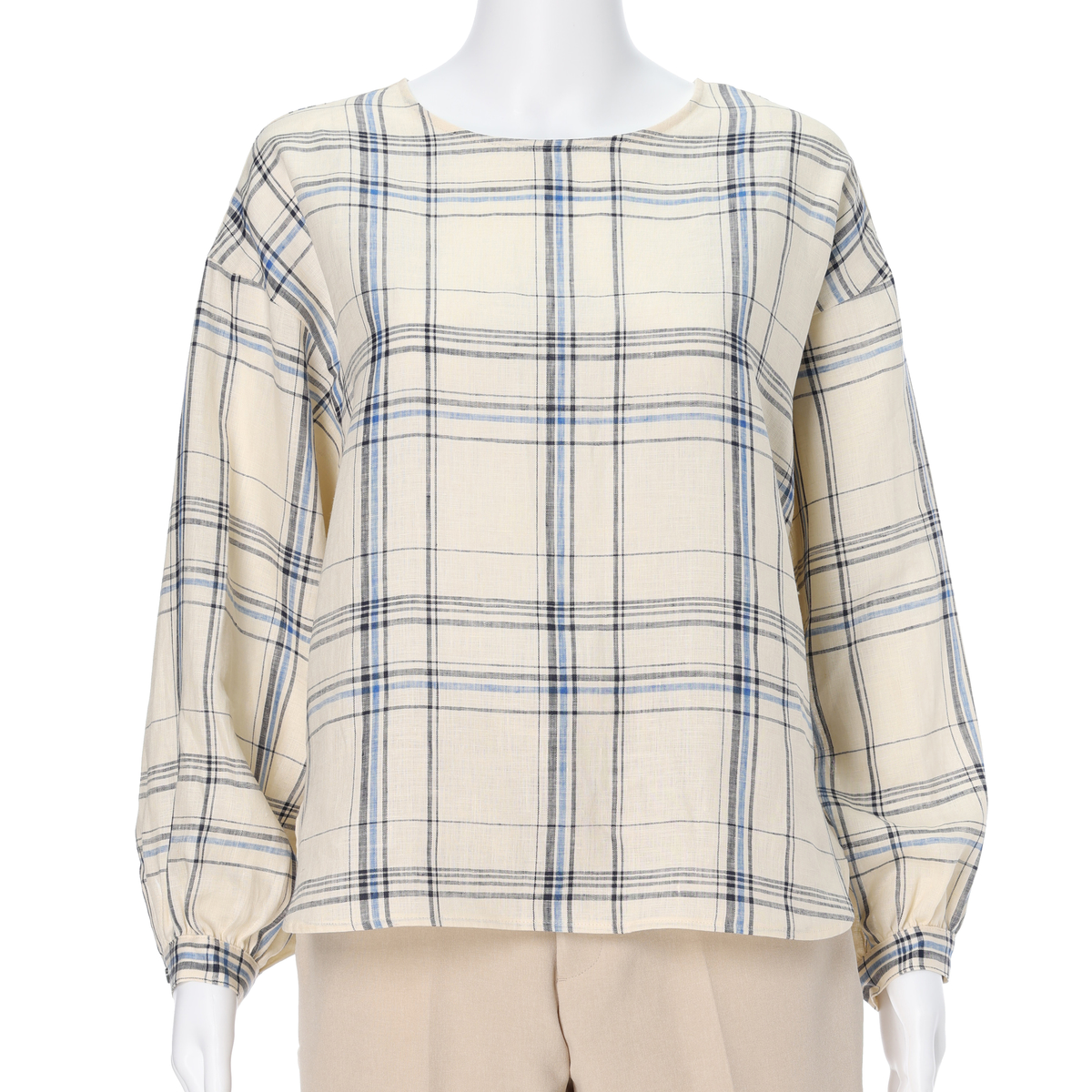 レーシーフォレスト　リネンチェックノーカラーBL