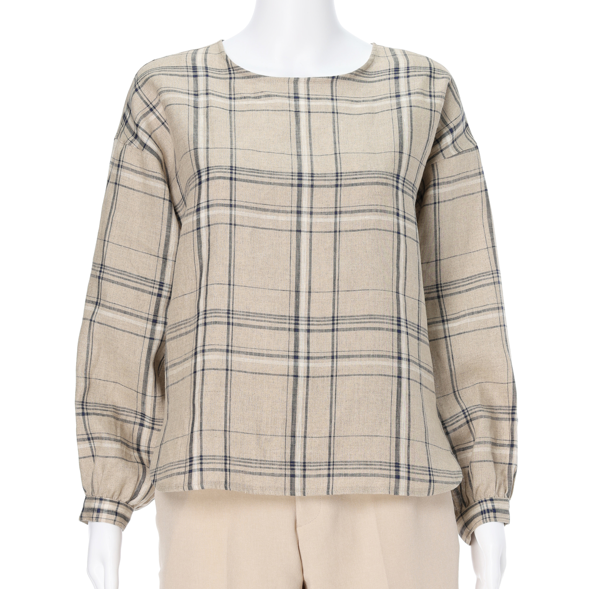 レーシーフォレスト　リネンチェックノーカラーBL