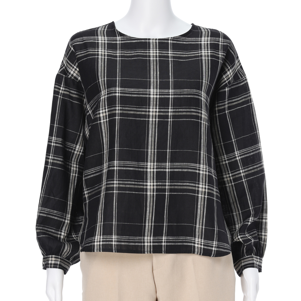 レーシーフォレスト　リネンチェックノーカラーBL