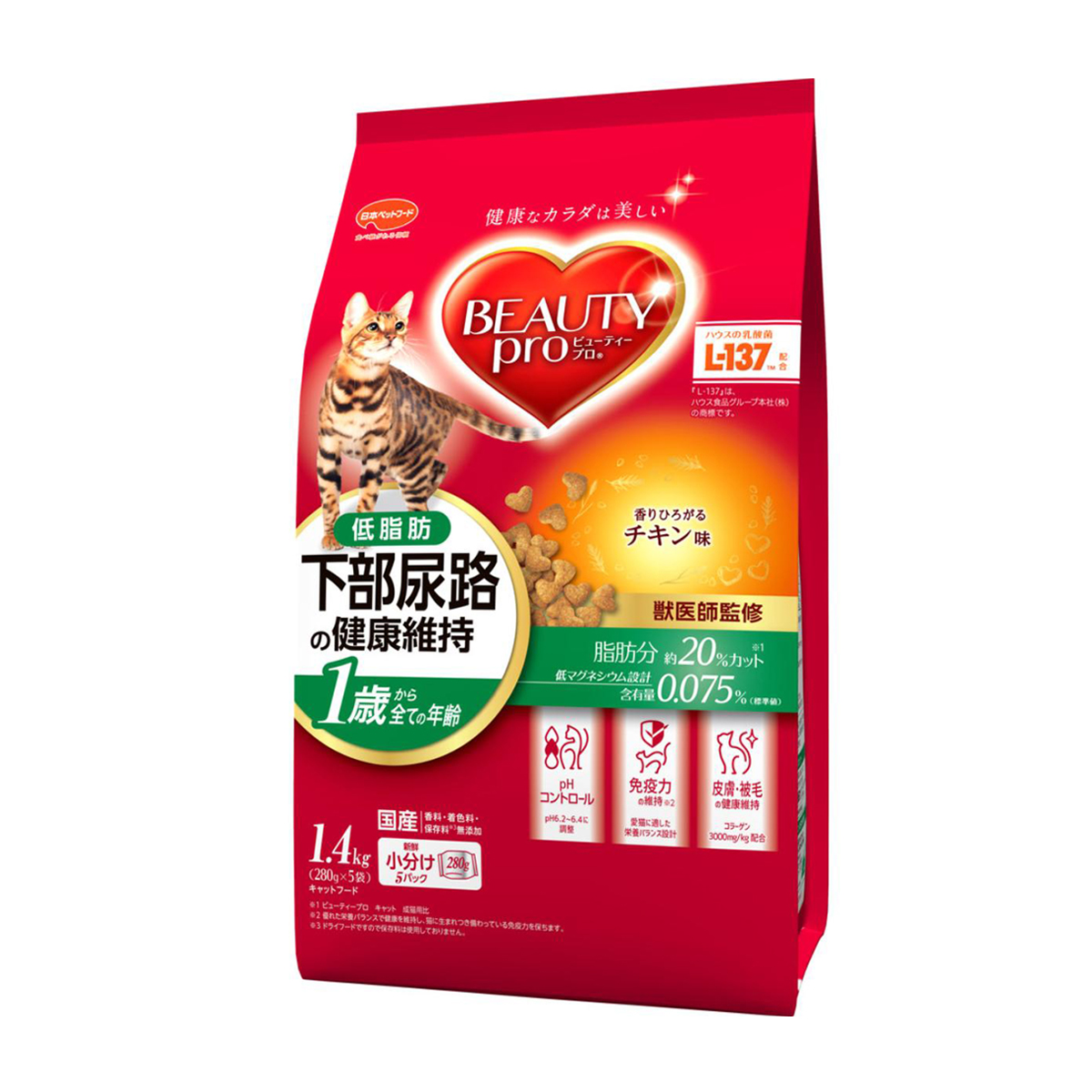 【ペット】ビューティープロ キャット 下部尿路の健康維持 低脂肪 1歳から チキン味 1.4kg(280g×5袋)