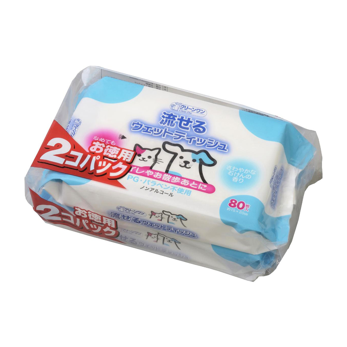 【ペット】クリーンワン 流せるウェットティッシュ 80P×2