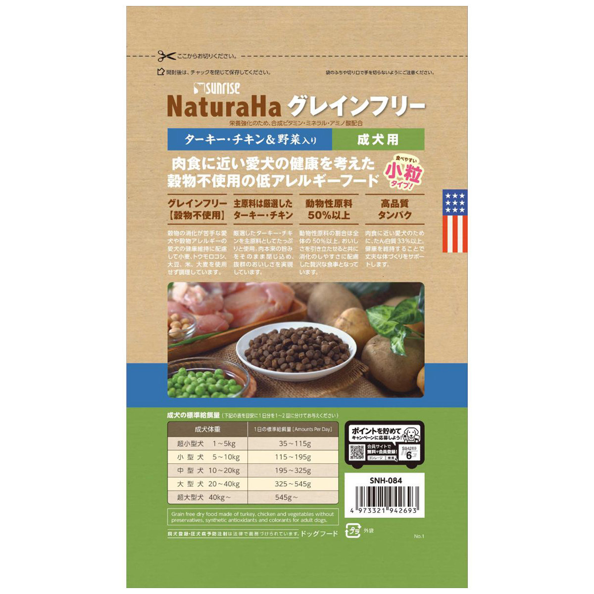 【ペット】ナチュラハ　グレインフリー　ターキー・チキン＆野菜入り　成犬用　小粒　７００ｇ