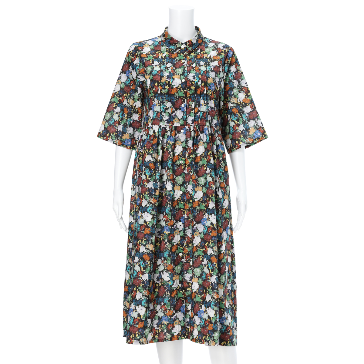 【Futuristic Floral】チビ衿ピンタック前開きワンピース