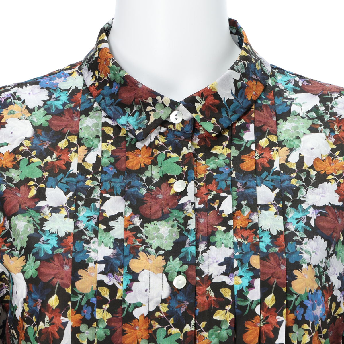 【Futuristic Floral】チビ衿ピンタック前開きワンピース