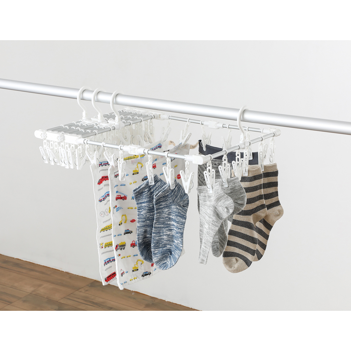 JD伸縮アルミ角ハンガーワイド ピンチ60個付 ホワイト