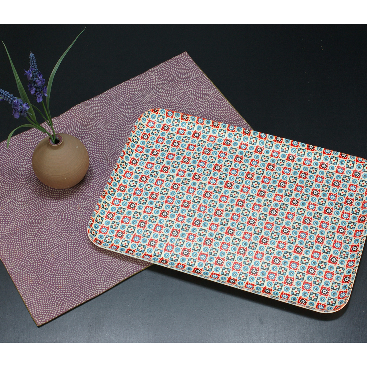 ＣＮ花友禅和紙トレー　Ｍ角　花入り格子　ブルー