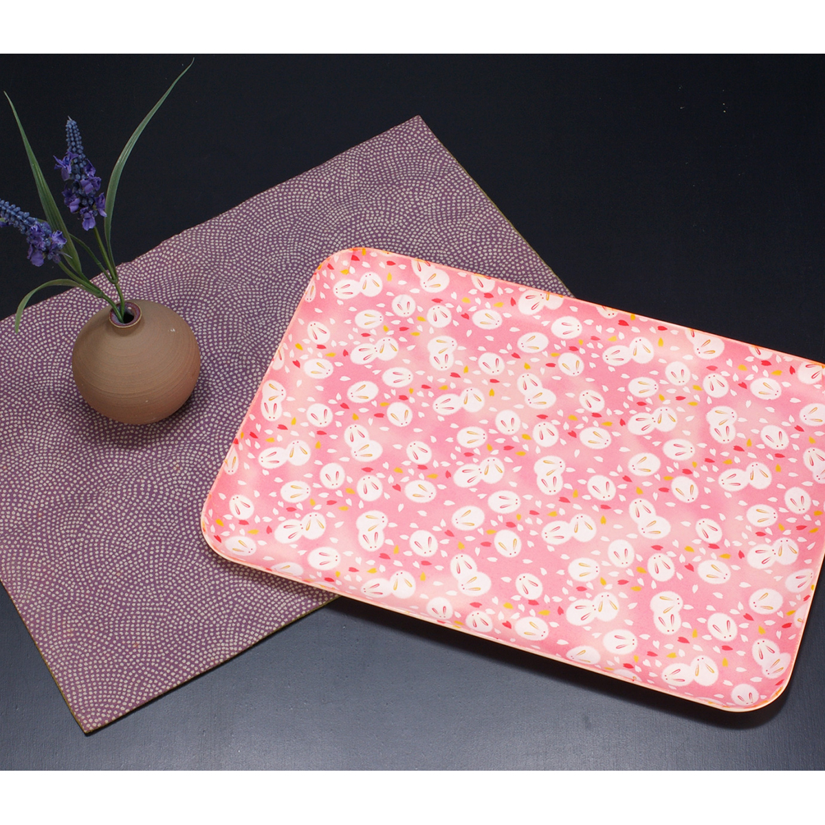 ＣＮ花友禅和紙トレー　Ｍ角　桜雪うさぎ　ピンク