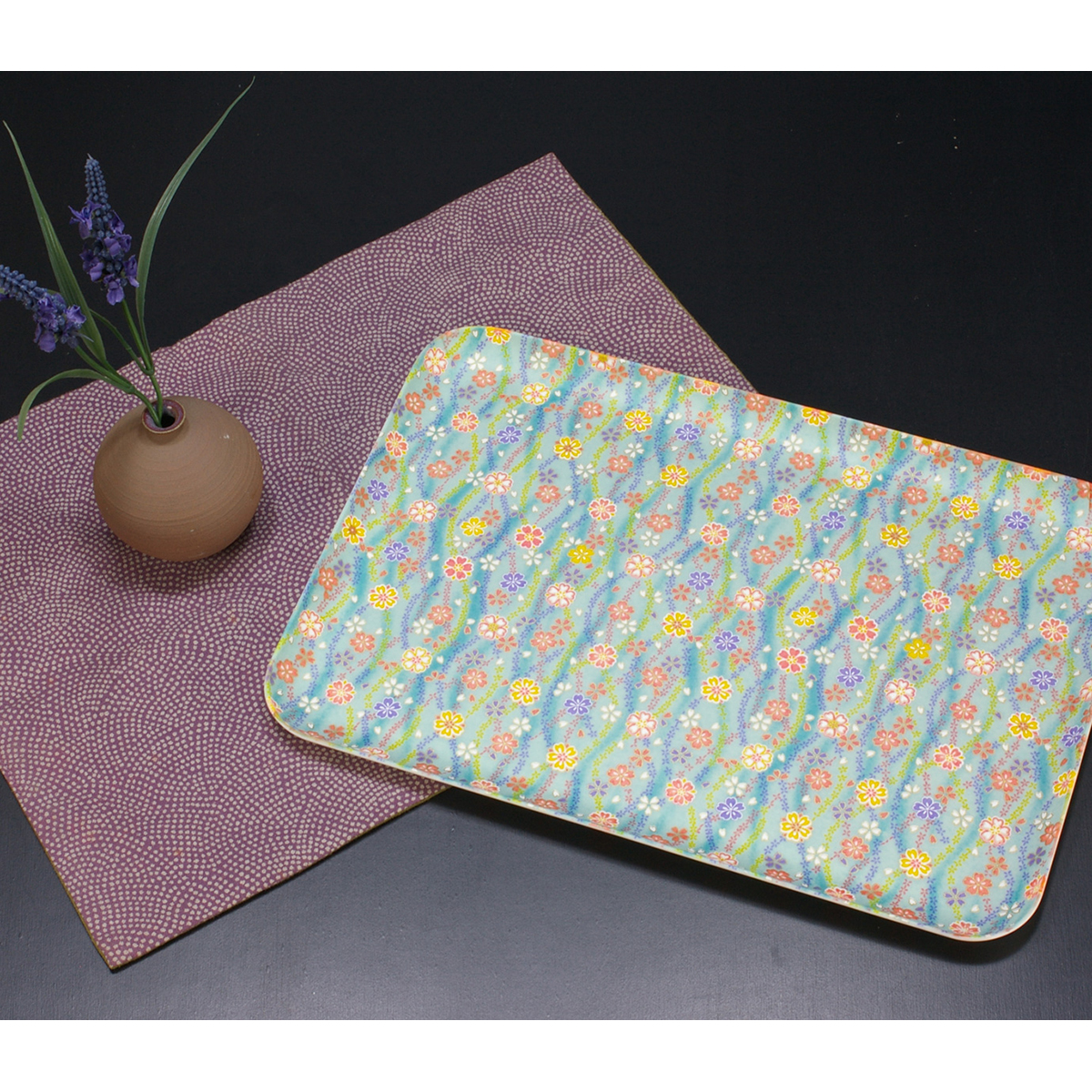 ＣＮ花友禅和紙トレー　Ｍ角　梅桜桜流れ　ブルー