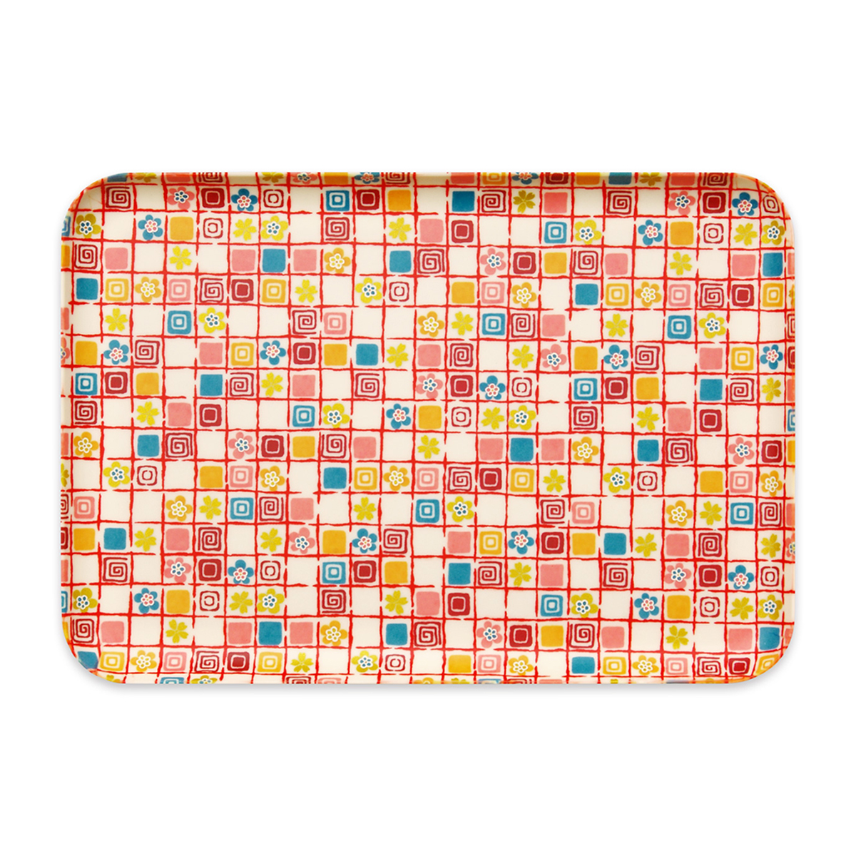 ＣＮ花友禅和紙トレー　Ｍ角　梅桜格子　オレンジ