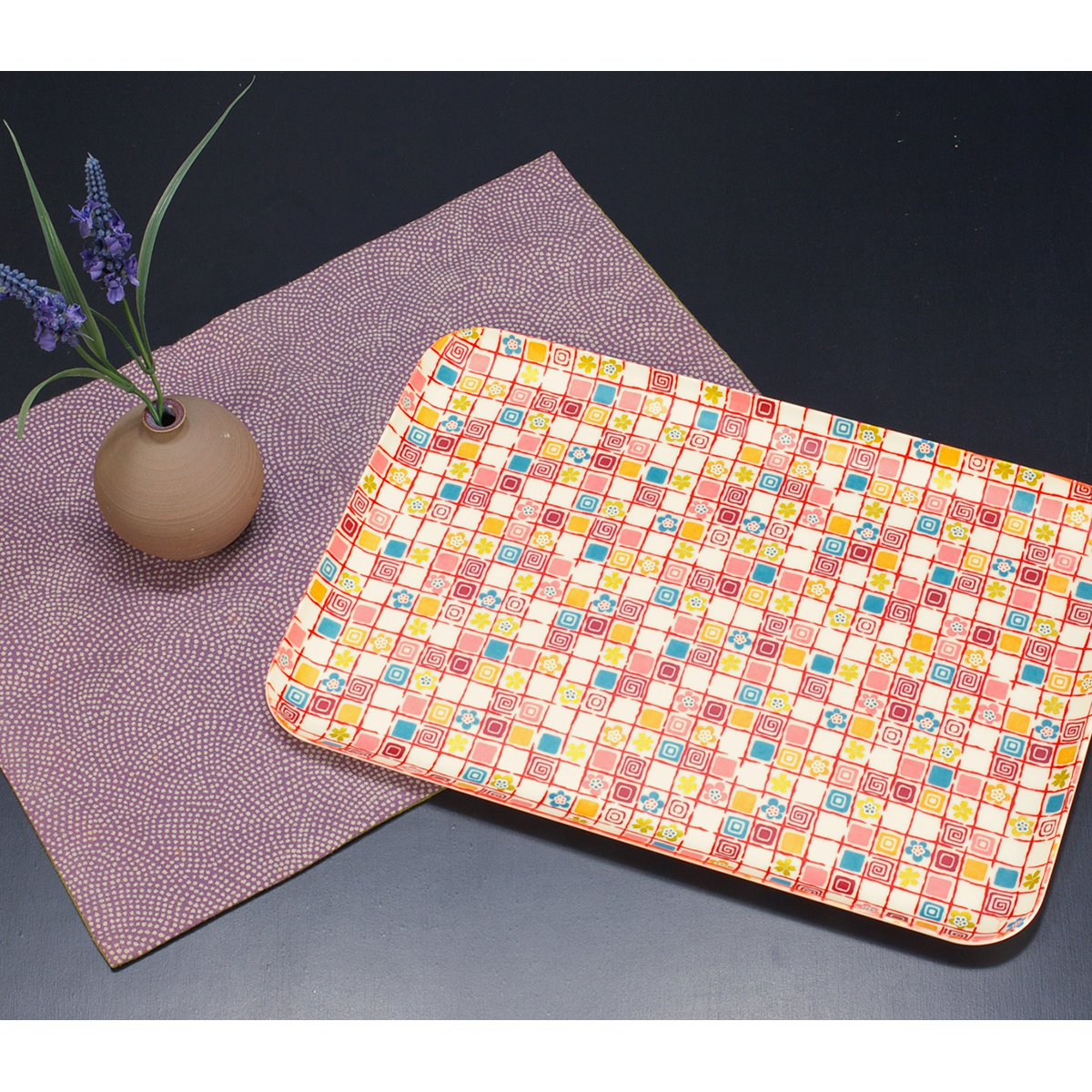 ＣＮ花友禅和紙トレー　Ｍ角　梅桜格子　オレンジ