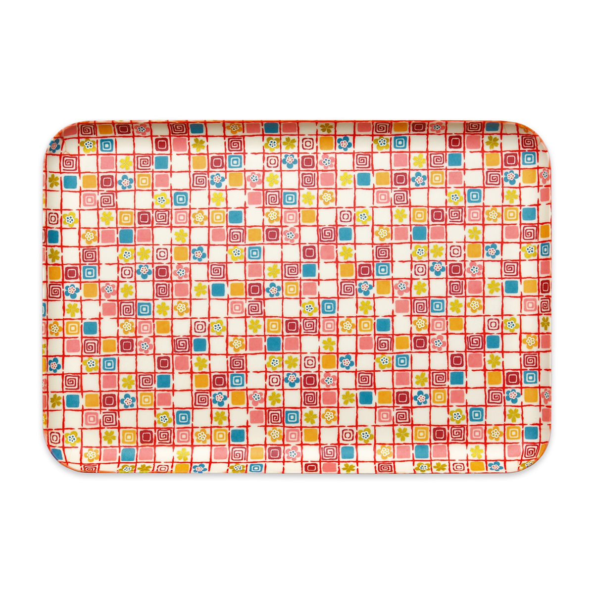 ＣＮ花友禅和紙トレー　Ｌ角　梅桜格子　オレンジ