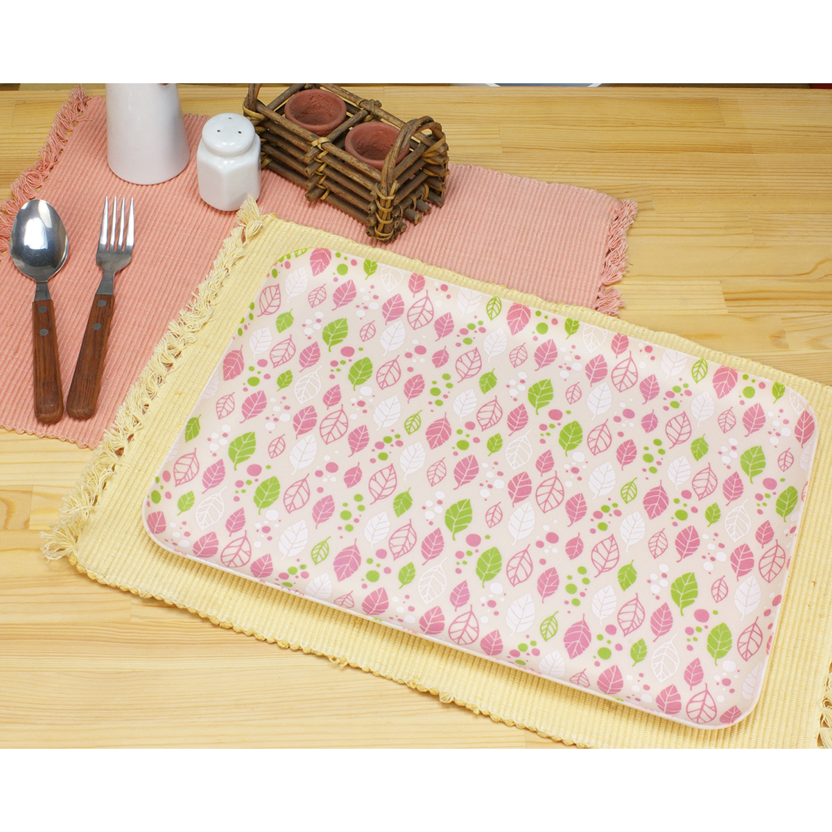 ＣＮ花友禅和紙トレー　Ｌ角　スプリングリーフ　ピンク