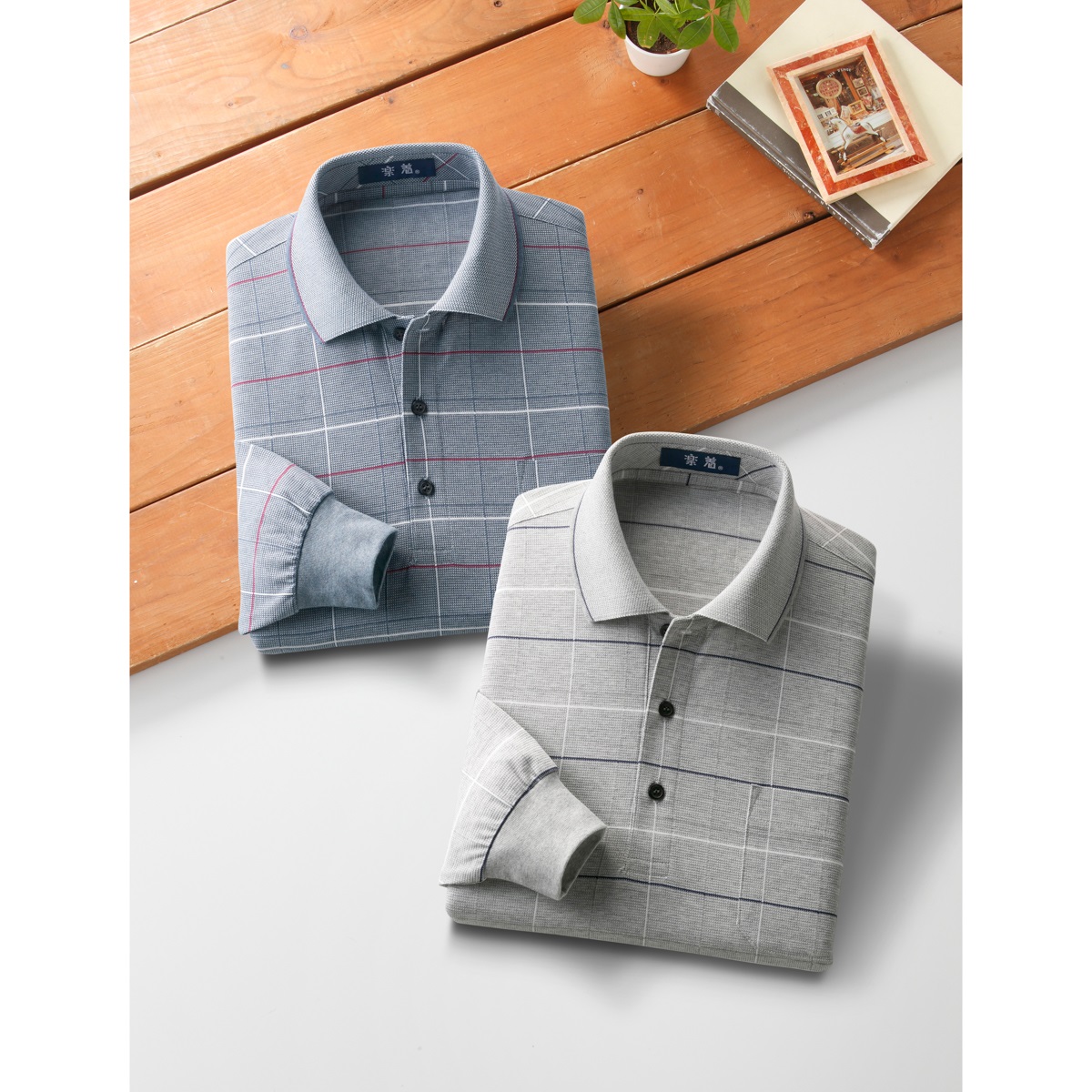 日本製格子柄長袖ポロシャツ２色組