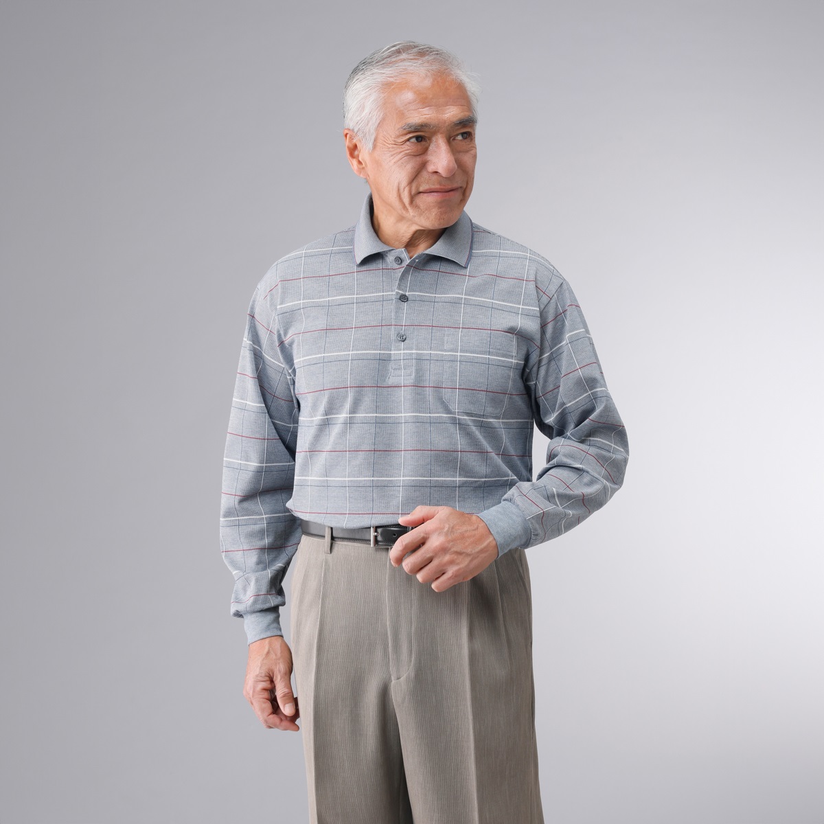 日本製格子柄長袖ポロシャツ２色組