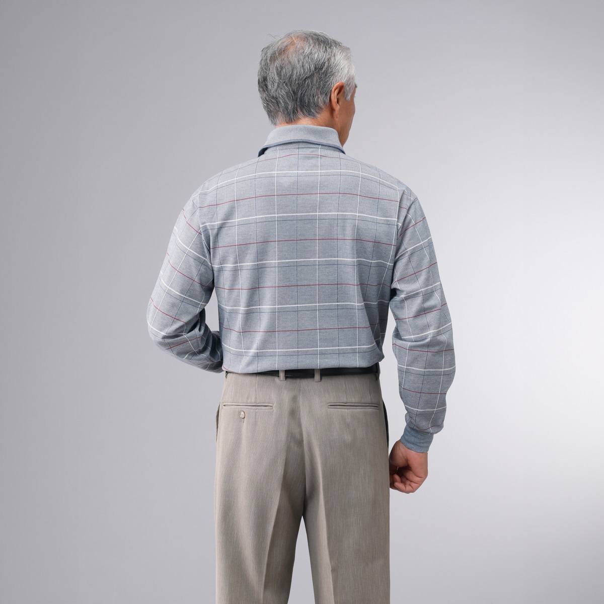 日本製格子柄長袖ポロシャツ２色組