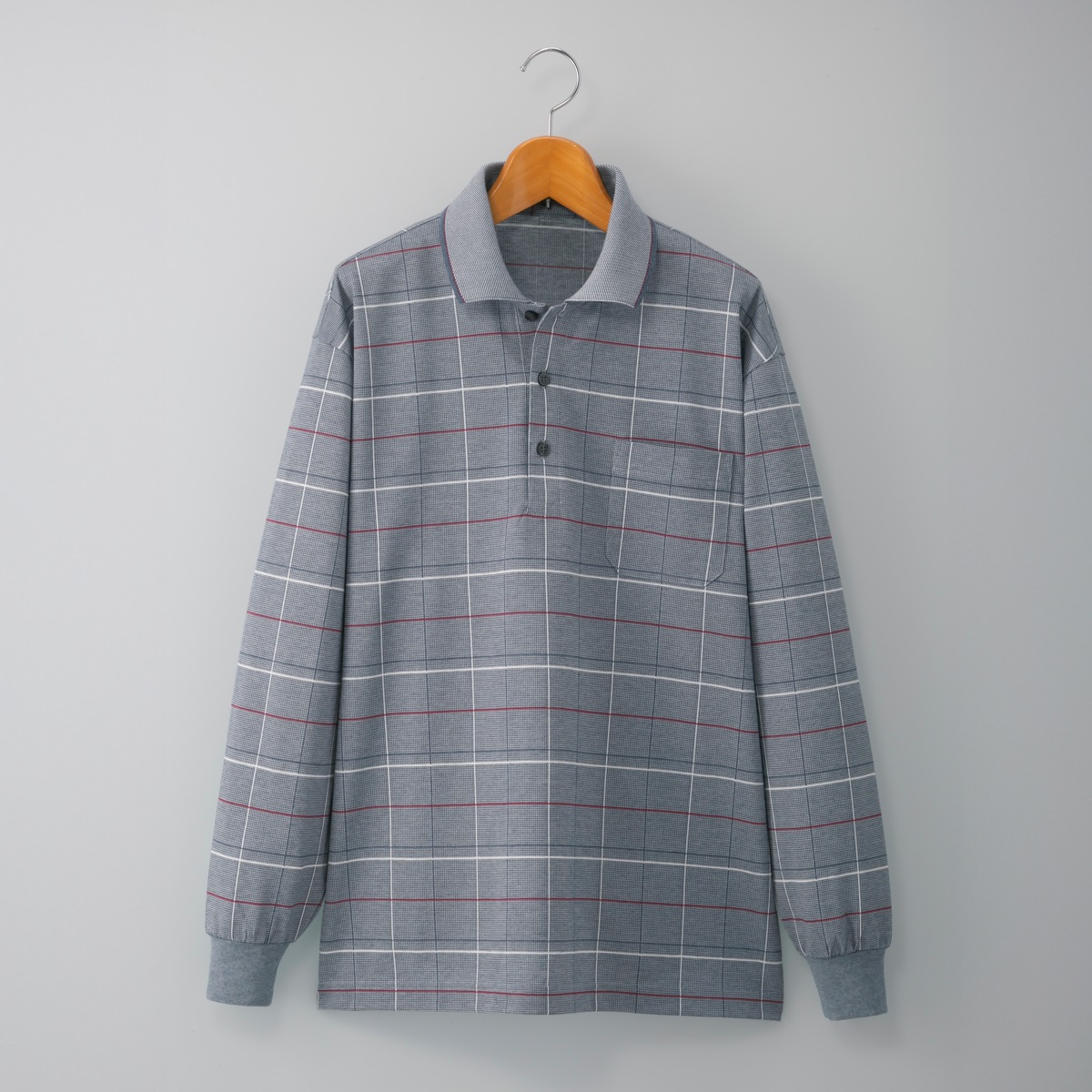 日本製格子柄長袖ポロシャツ２色組