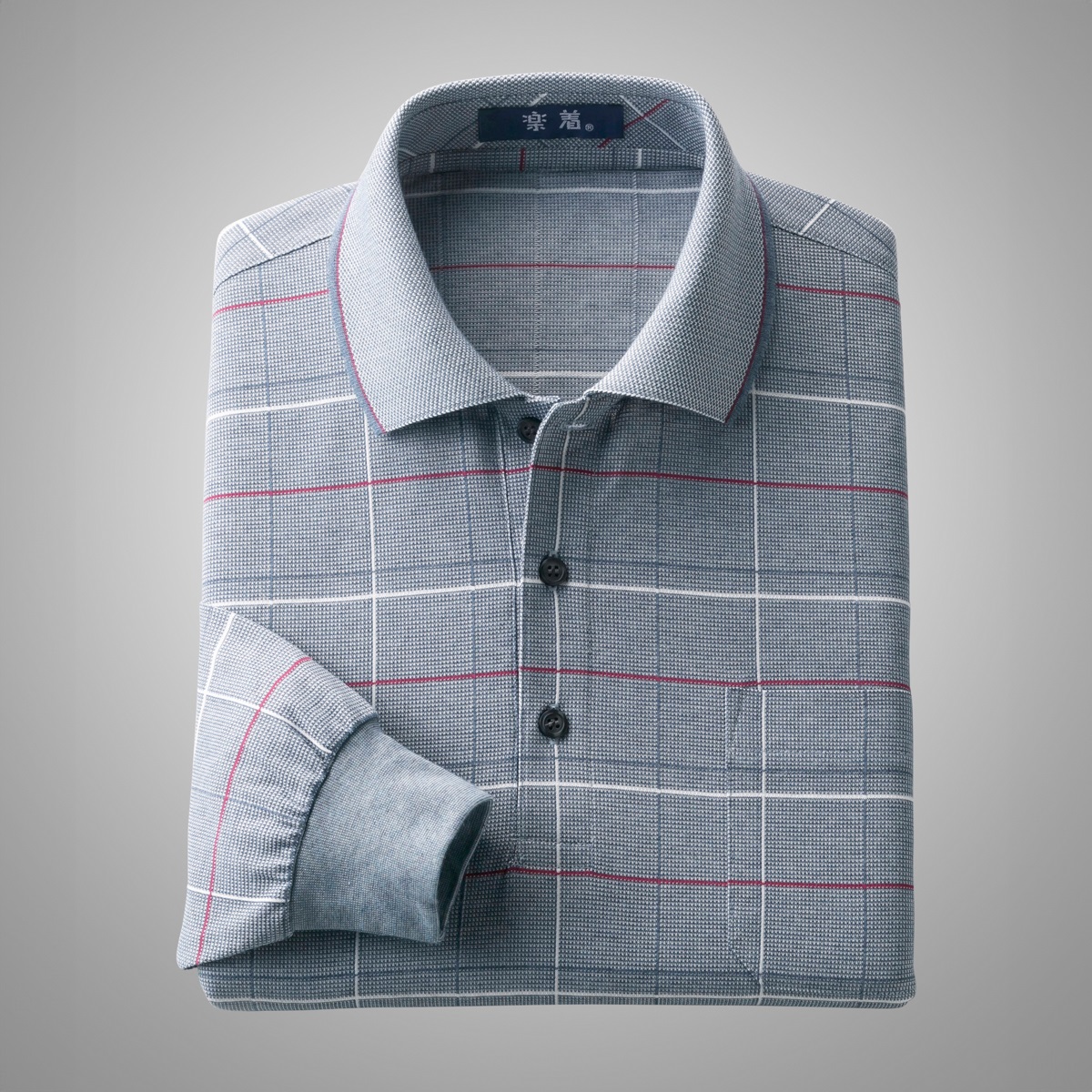 日本製格子柄長袖ポロシャツ２色組