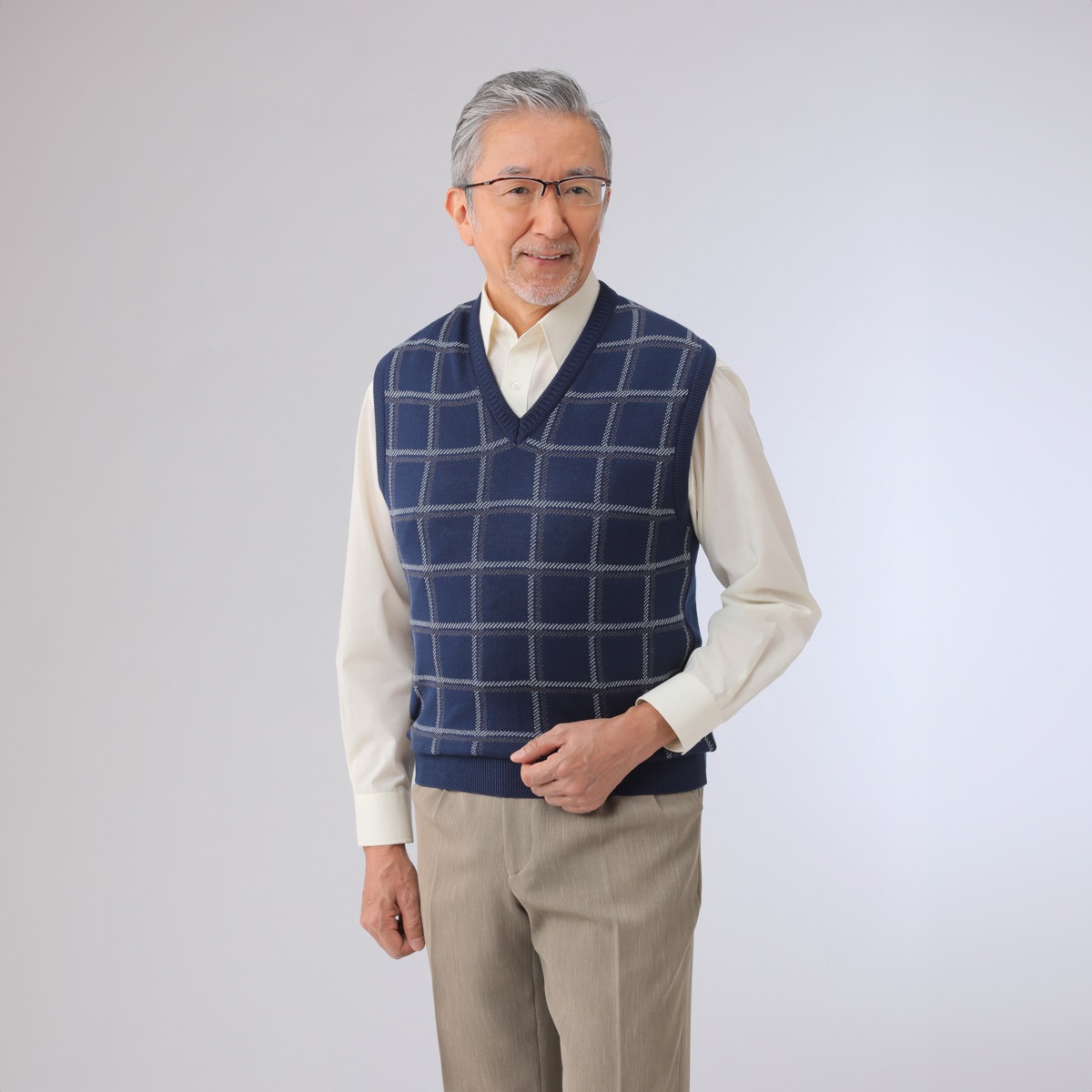 日本製綿混格子柄Vベスト