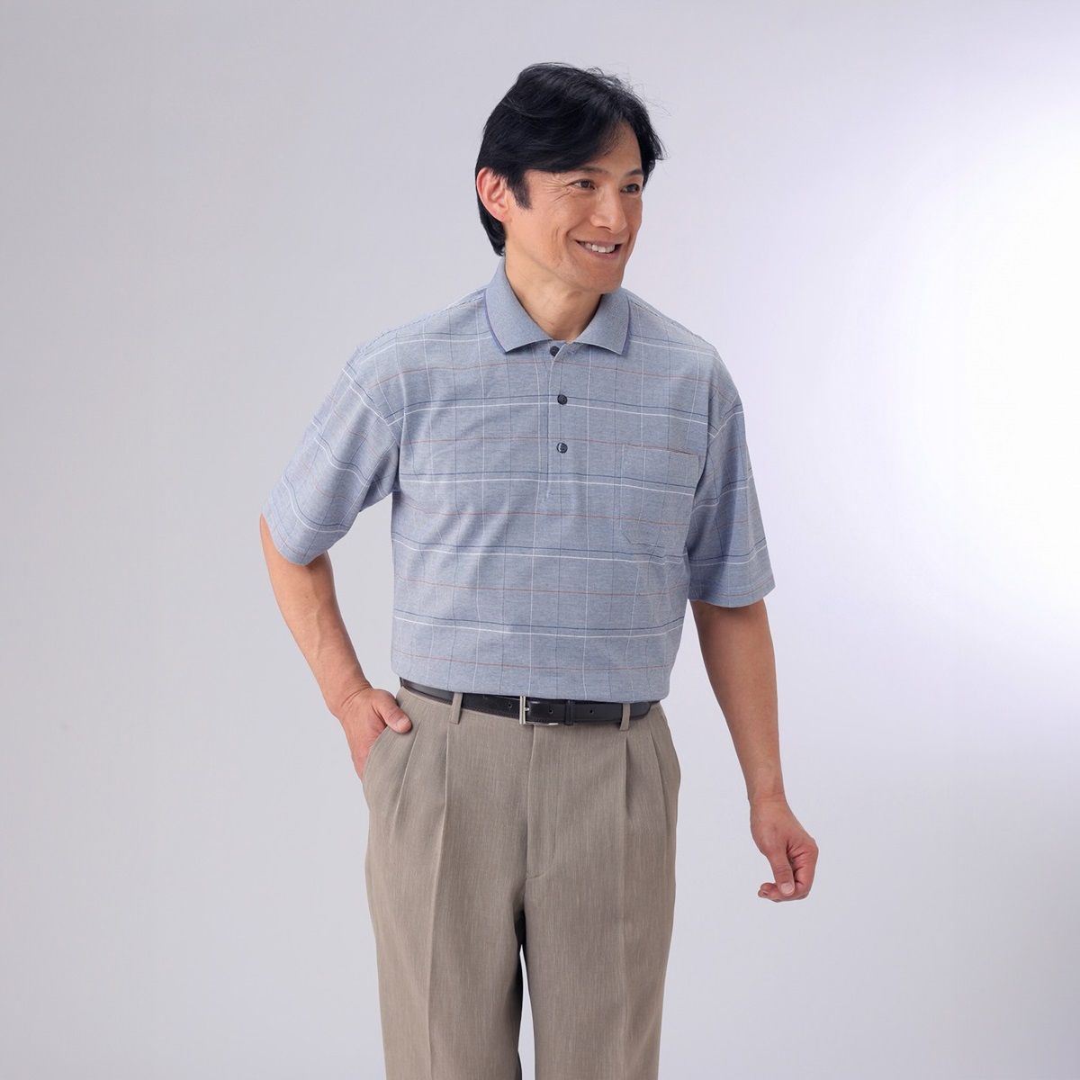 日本製格子柄半袖ポロシャツ２色組