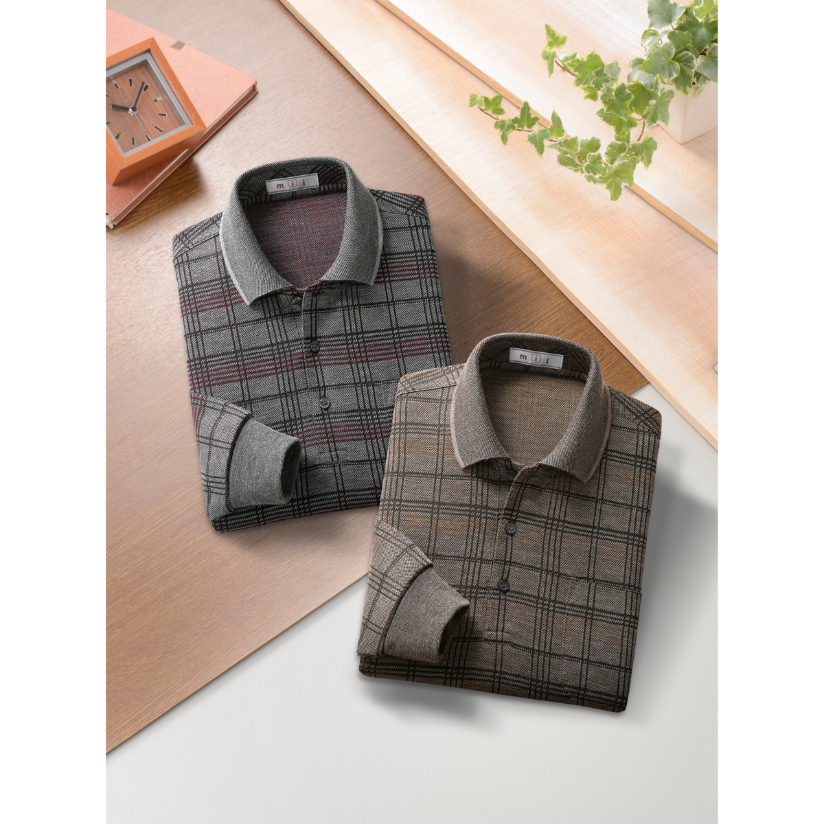 日本製ウール混格子柄長袖ポロシャツ2色組