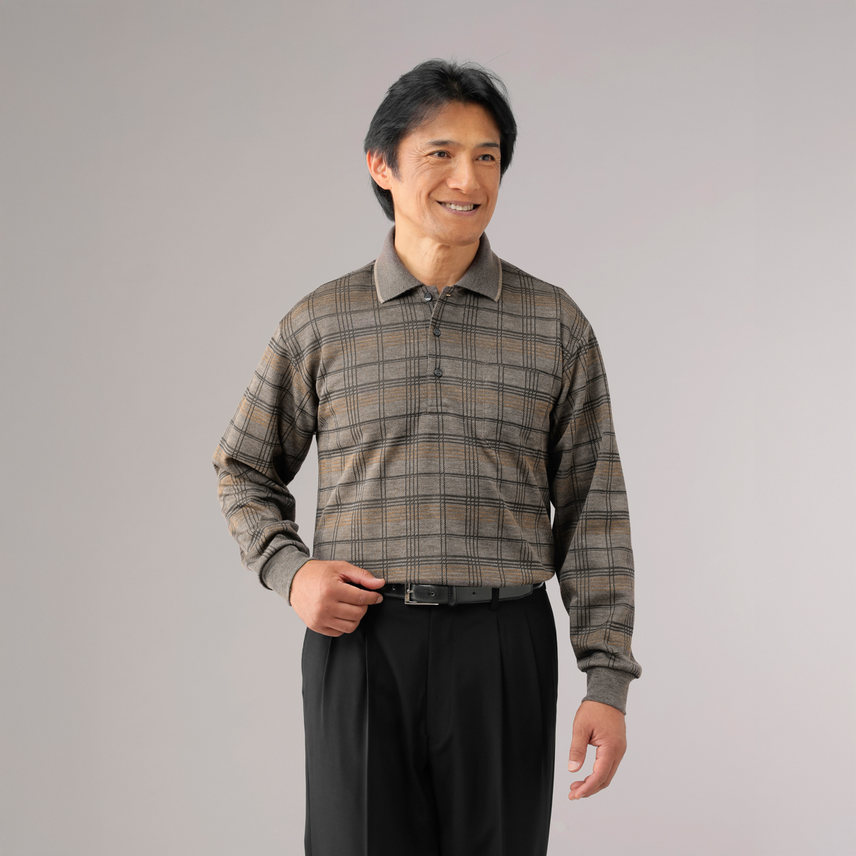 日本製ウール混格子柄長袖ポロシャツ2色組